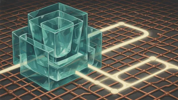 Abstract digital fresco: nested teal crystalline geometry on left, copper lattice, navy negative space