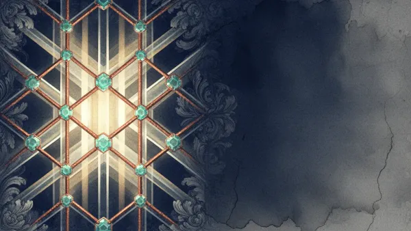 Copper lattice with teal crystalline nodes on deep navy fresco; left focus, right negative space.