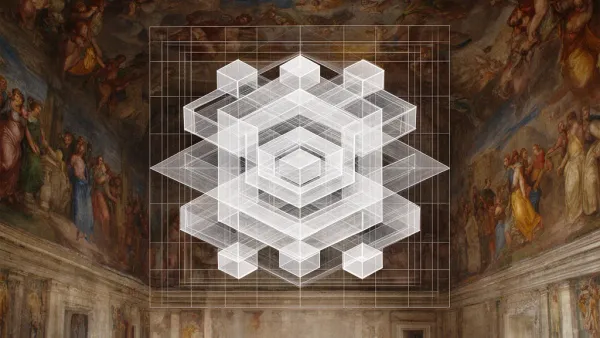 Abstract lattice fresco: navy grid, teal strata, copper channels; left focal, right space.