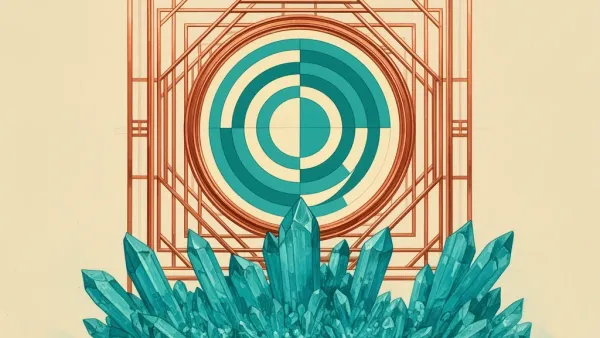 Abstract teal-cream medallion in copper lattice on deep navy, left-weighted with right space