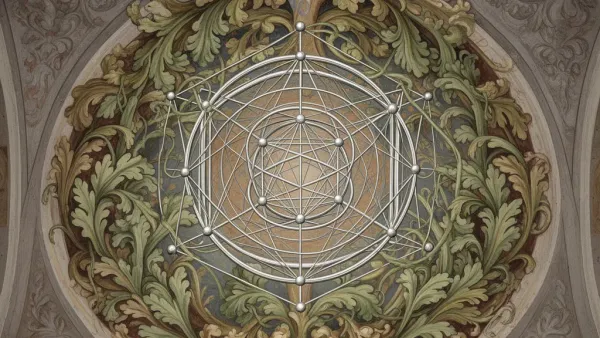 Abstract teal lattice with baroque vines on navy strata; copper joints, aged grainy fresco, right space.