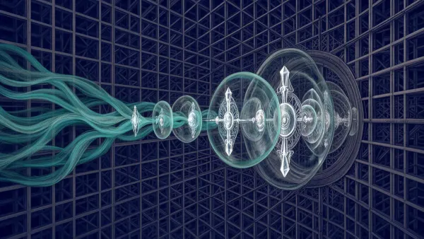 Abstract navy lattice with teal flow and copper gates; right-side dark title space, grainy fresco.