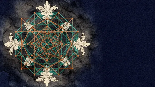 Geometric teal-copper lattice with cream baroque forms on textured navy; left focus, right space