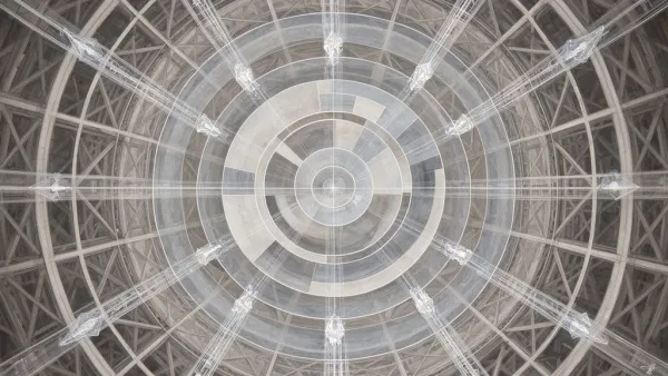 Abstract nested circles in teal on navy fresco lattice, copper core; textured, left focus, right space