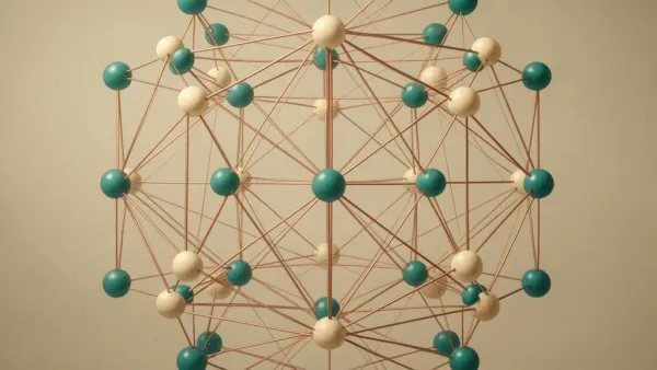 Abstract navy lattice with teal/cream nodes, copper lines, baroque texture; open right space