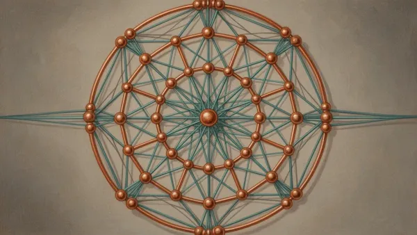 Geometric lattice medallion with teal lines and copper nodes on navy fresco, right-side space