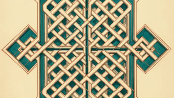 Asymmetric teal-cream geometric lattice with copper lines on navy fresco, grainy texture, right space