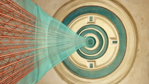 Teal-cream geometric medallion with copper data lines on navy textured fresco, right space