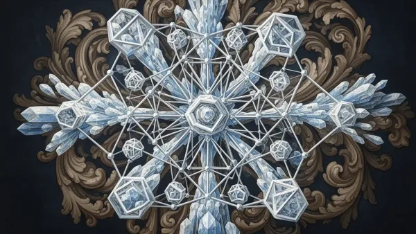 Abstract geometric lattice with teal nodes and copper highlights on navy fresco texture, left-focused.