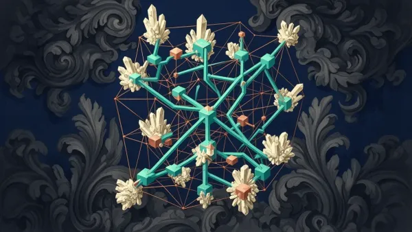 Abstract fresco: teal node network on navy, copper lattice; left focal cluster, right empty space.