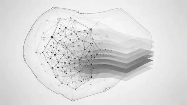 Abstract fresco lattice with teal flows to copper node; navy negative space right.