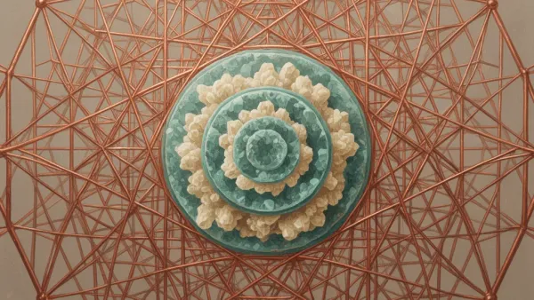 Abstract navy fresco with teal/cream medallion, copper lattice left; textured dark negative space right