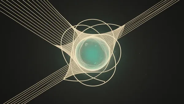 Abstract fresco: glowing vessel compressed by lines, segmented ring and fading lattice on navy