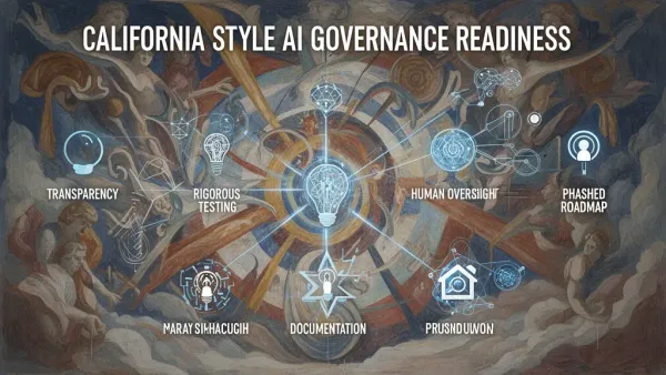 Abstract fresco: navy lattice framing transparent strata, teal channels, cream light, copper rims.