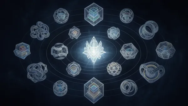 Abstract digital fresco: crystalline core left, orbiting vessels, copper lattice; navy/teal/cream on aged paper.