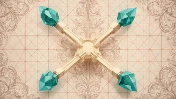 Digital fresco: cream hub links to three teal crystals on navy, copper lattice, grainy texture.