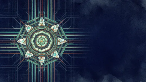 Geometric knowledge core with teal channels and copper lines on textured navy, ample right space