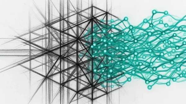 Abstract fresco: charcoal lattice into teal nodes on navy, cream crystals, copper focal left.