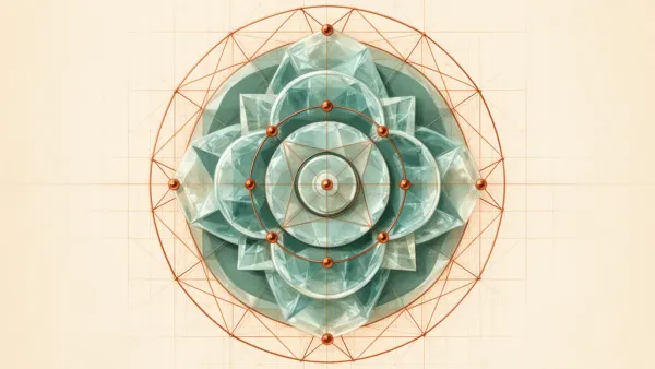 Abstract teal geometric medallion with copper lattice on navy, fresco grain and cracks, left focal.