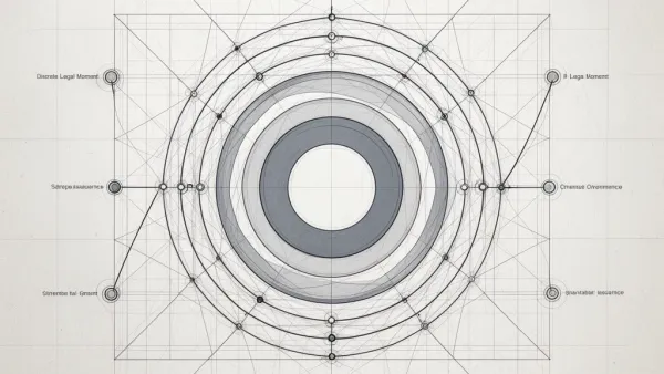 Abstract cap-table circles in navy fresco grid, copper core node; right-side negative space.