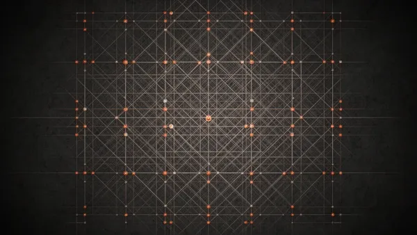 Abstract fresco lattice with teal streams and copper nodes on deep navy, negative space right