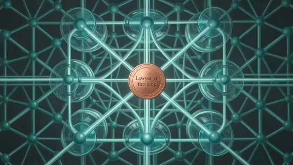 Abstract digital fresco: navy lattice, teal nodes and light channels, copper medallion left; textured.