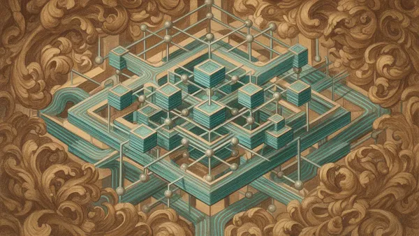 Abstract navy fresco lattice with teal channels, copper nodes; textured, right-side negative space