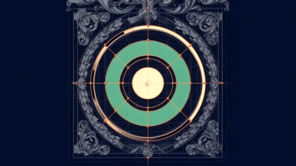 Abstract navy lattice with concentric circles, teal/cream segments, bronze nodes; aged fresco texture.