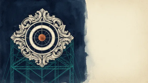 Abstract fresco: geometric medallion left, teal lattice, navy wash, acanthus, copper center.