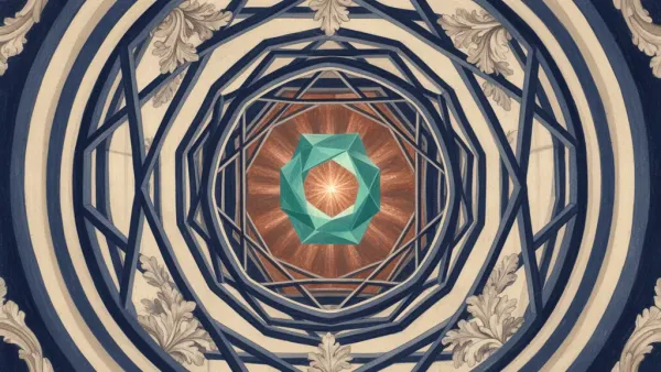 Abstract fresco: teal crystalline core with copper glow, ring lattice left; navy negative space right