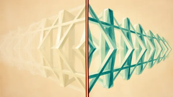 Abstract crystalline lattice fading to solid teal/cream, copper threshold; navy fresco grain, right void.