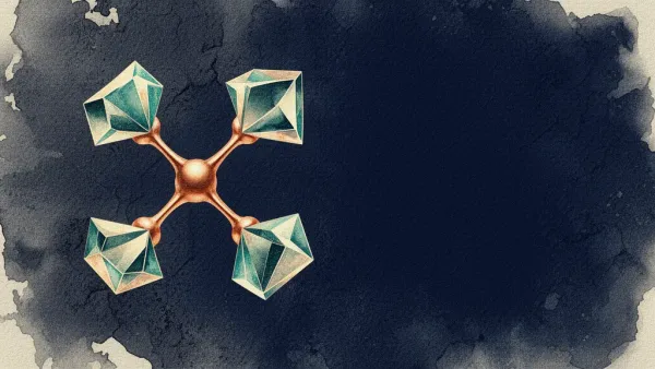 Four crystalline forms merge; copper nodes glow on navy fresco, space right for text