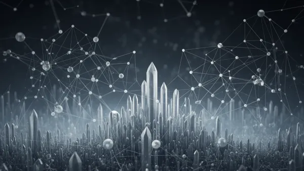 Abstract navy fresco with teal scrolls, left copper geometric medallion; lattice nodes, right space