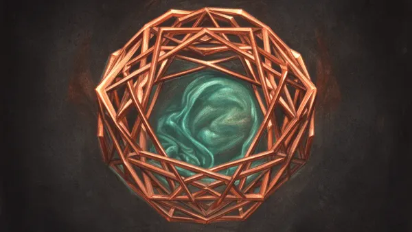 Abstract fresco: copper lattice vessel holds teal core, navy lines deflect, dark textured space