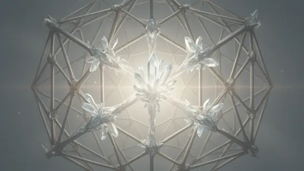 Abstract legal lattice on deep navy with teal crystals, cream glow, copper joints; heavy grain fresco texture.