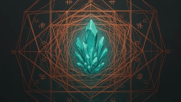 Geometric copper lattice around teal crystal core on navy fresco paper; negative space right