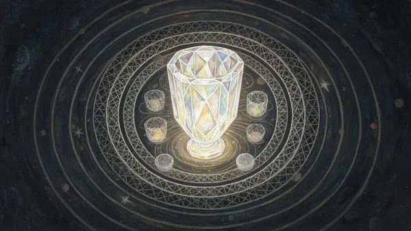Luminous crystal vessel left; concentric lattice rings; navy/teal/cream, copper accents, fresco grain.