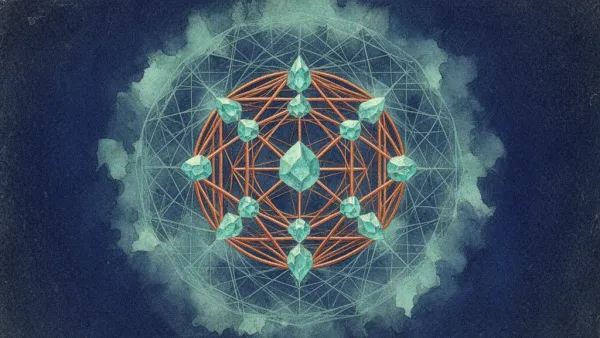 Geometric medallion of teal nodes and copper lines on navy fresco, left with right space