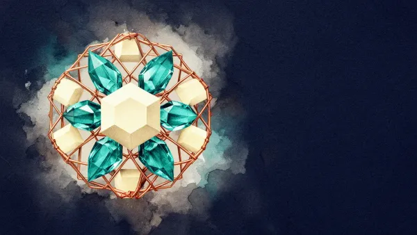 Abstract teal crystals and cream forms in copper lattice on navy textured plaster, left-focused