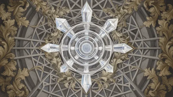 Abstract teal geometric lattice with copper accents on navy fresco background, left-centered.