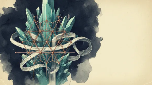 Abstract navy fresco: teal crystal lattice with copper nodes, left focal; textured, right space