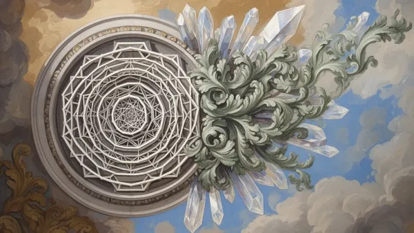 Abstract geometric medallion left; navy/teal fresco texture, copper edges, right-side negative space
