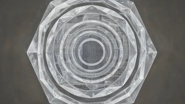 Textured navy fresco with layered teal medallion and copper lattice; left focal, open right space