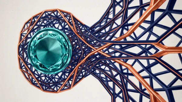 Digital fresco: teal medallion fused with copper lattice, acanthus foliage; dark textured backdrop.