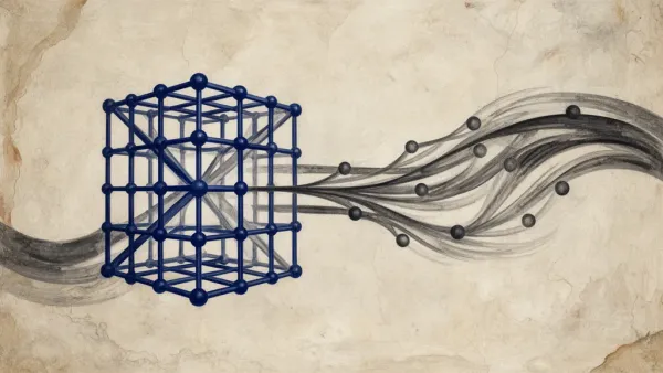 Abstract navy lattice with teal flow, guarded junction and copper checkpoint, open right space