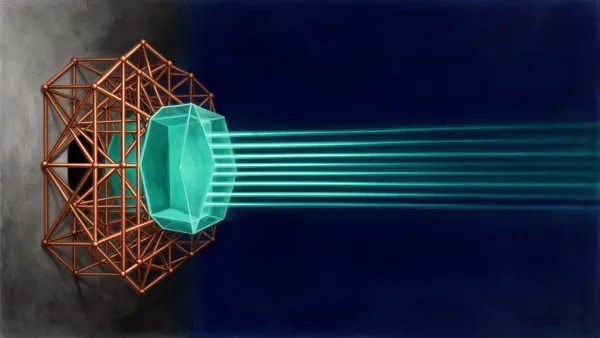 Abstract fresco: teal gateway vessel with copper lattice, acanthus, on deep navy, textured.