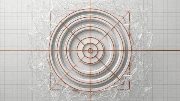 Abstract nested circles on navy grid with copper lines, teal highlights, aged fresco grain