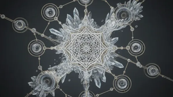 Abstract navy fresco lattice with teal nodes, cream highlights, copper paths; left focal, right space.