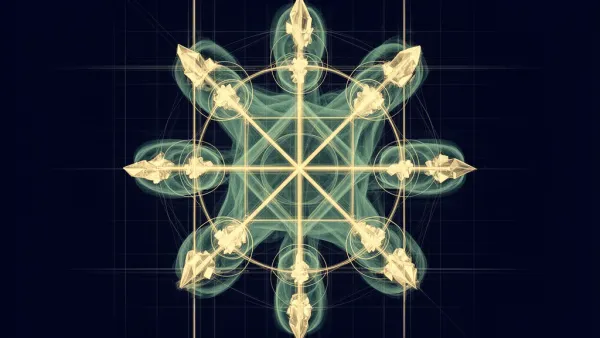 Abstract fresco: teal lattice with copper nodes on navy, left-weighted; textured charcoal space right