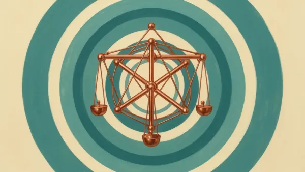 Abstract copper geometry with teal/cream circles on navy fresco; right 40% negative space